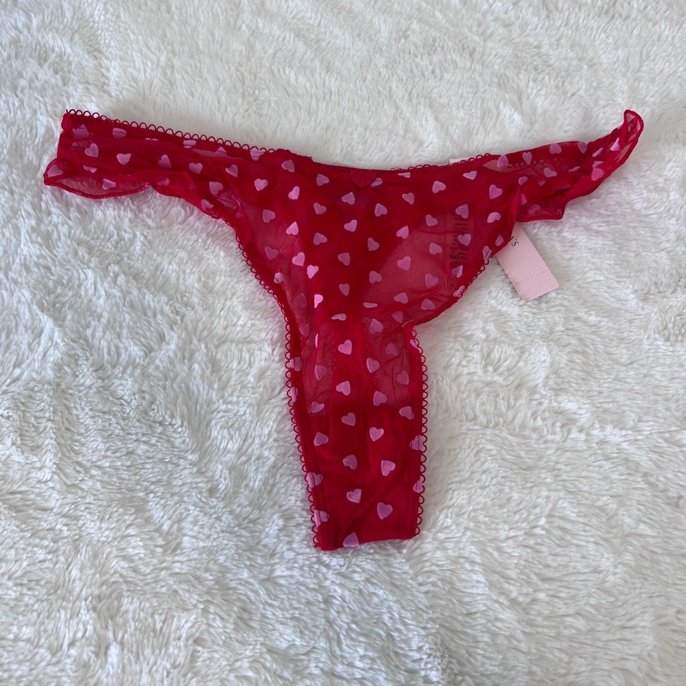 Victorias‎ Secret Tease Red Mesh Pink Heart High Leg Thong Panty NWT Small